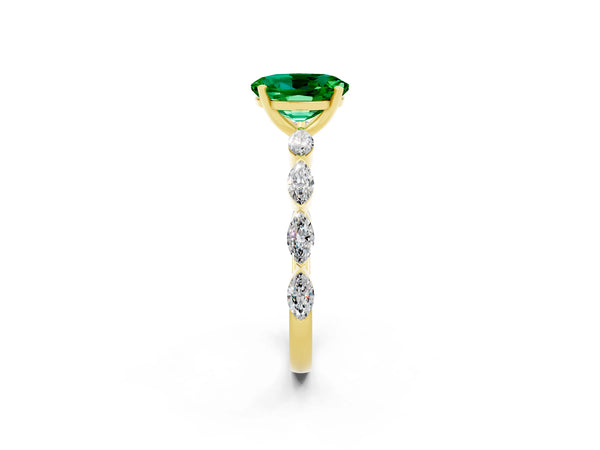 Yellow gold Oval Cut Emerald Ring with Marquise Side Stones and Prong Setting