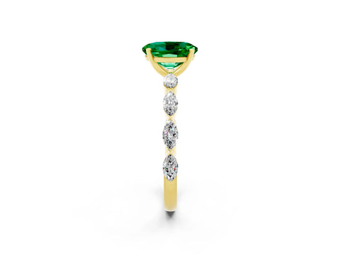 Yellow gold Oval Cut Emerald Ring with Marquise Side Stones and Prong Setting_2