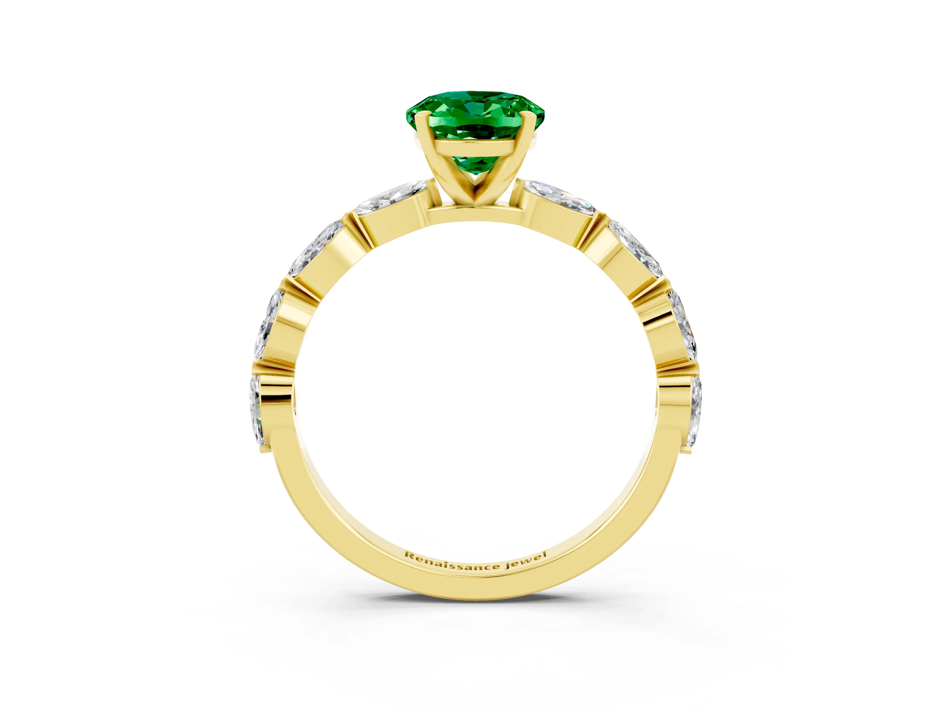 Yellow gold Oval Cut Emerald Ring with Marquise Side Stones and Prong Setting_3