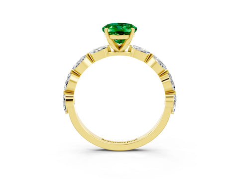 Yellow gold Oval Cut Emerald Ring with Marquise Side Stones and Prong Setting_3