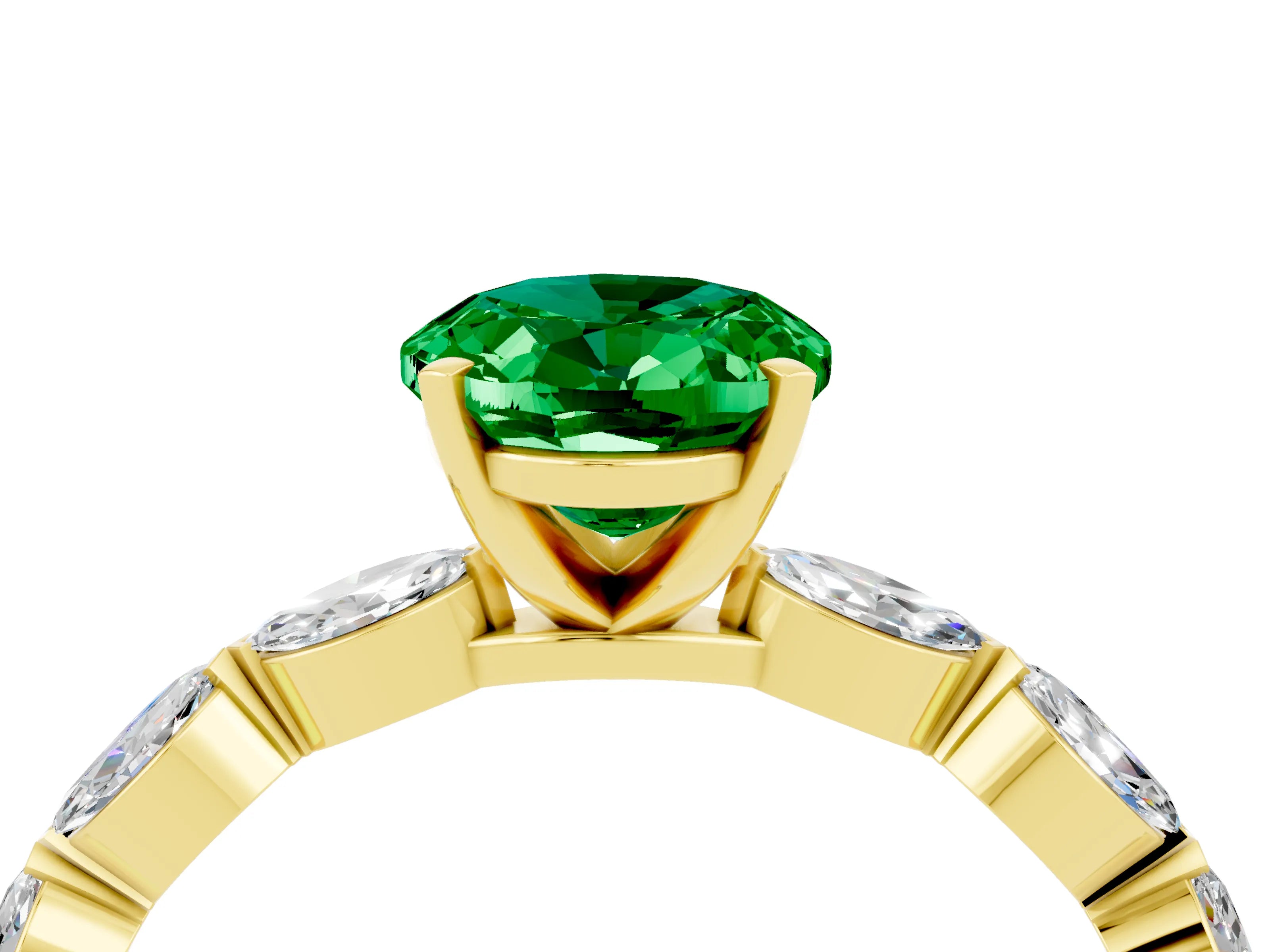 Yellow gold Oval Cut Emerald Ring with Marquise Side Stones and Prong Setting_4