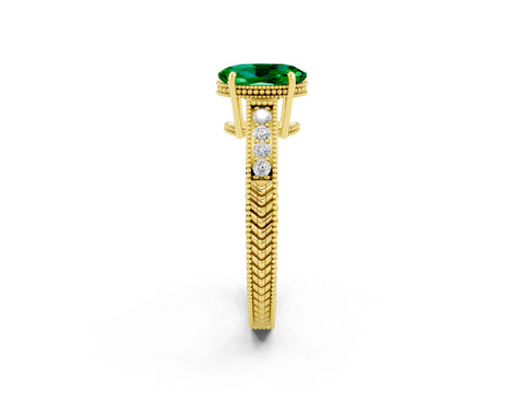 Yellow gold Oval Cut Emerald Ring with Milgrain Pavé Band and Four-Prong Setting_14