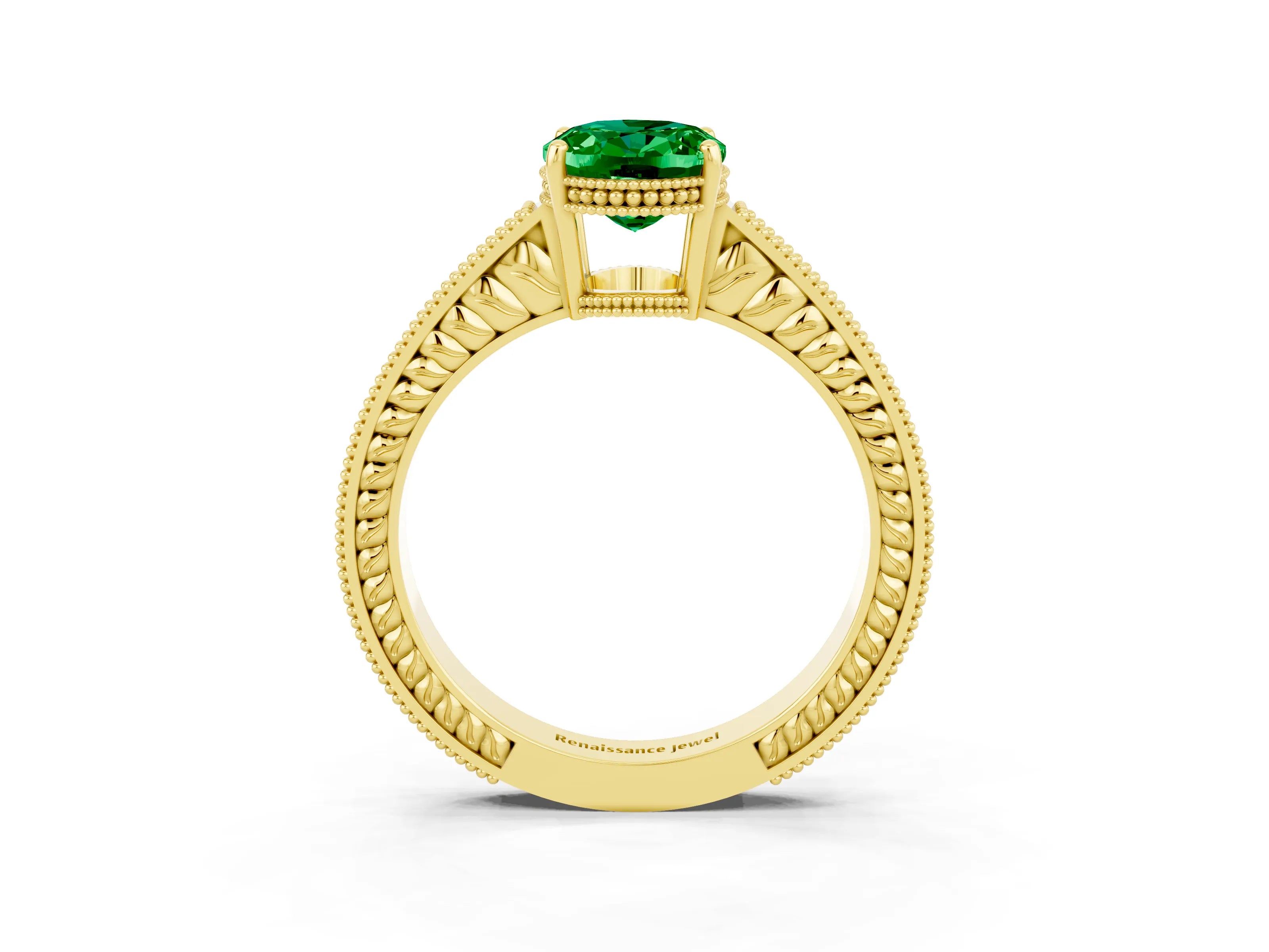 Yellow gold Oval Cut Emerald Ring with Milgrain Pavé Band and Four-Prong Setting_15