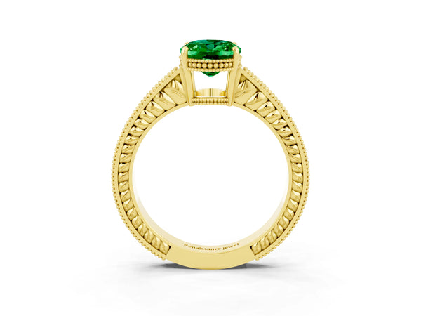 Yellow gold Oval Cut Emerald Ring with Milgrain Pavé Band and Four-Prong Setting