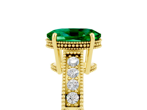 Yellow gold Oval Cut Emerald Ring with Milgrain Pavé Band and Four-Prong Setting_17