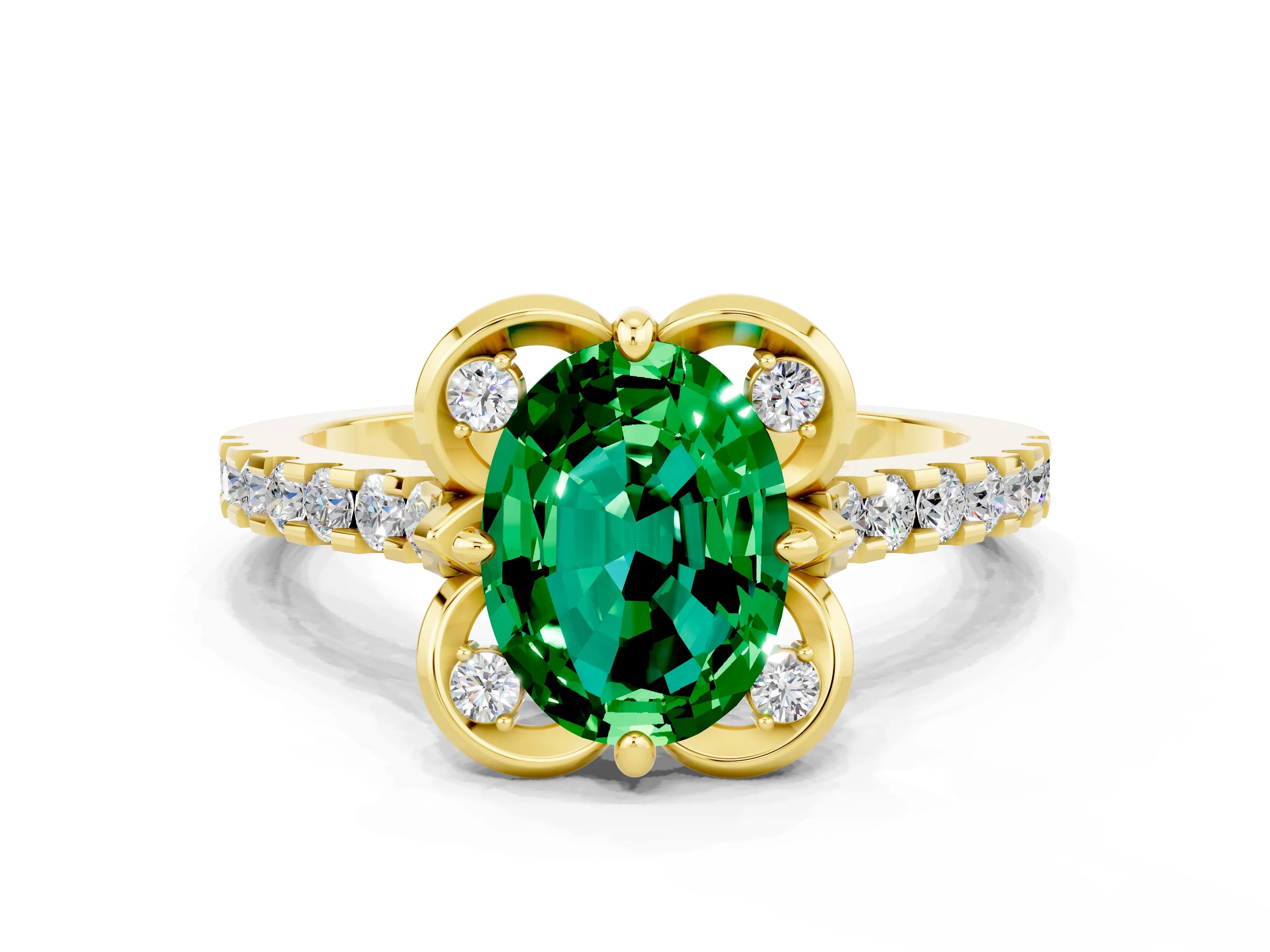 Yellow gold Oval Cut Emerald Ring with Pavé Band and Floral Prong Setting