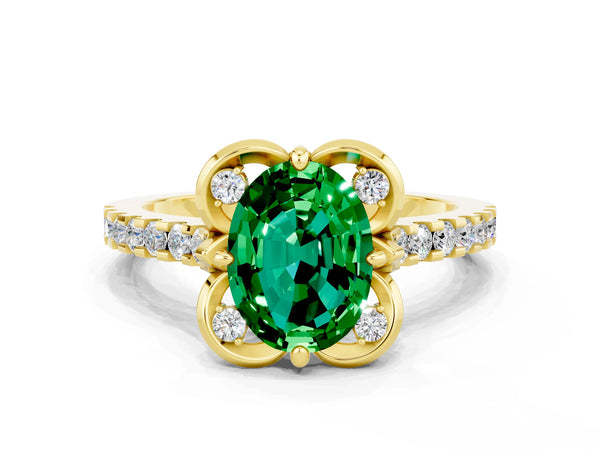 Yellow gold Oval Cut Emerald Ring with Pavé Band and Floral Prong Setting