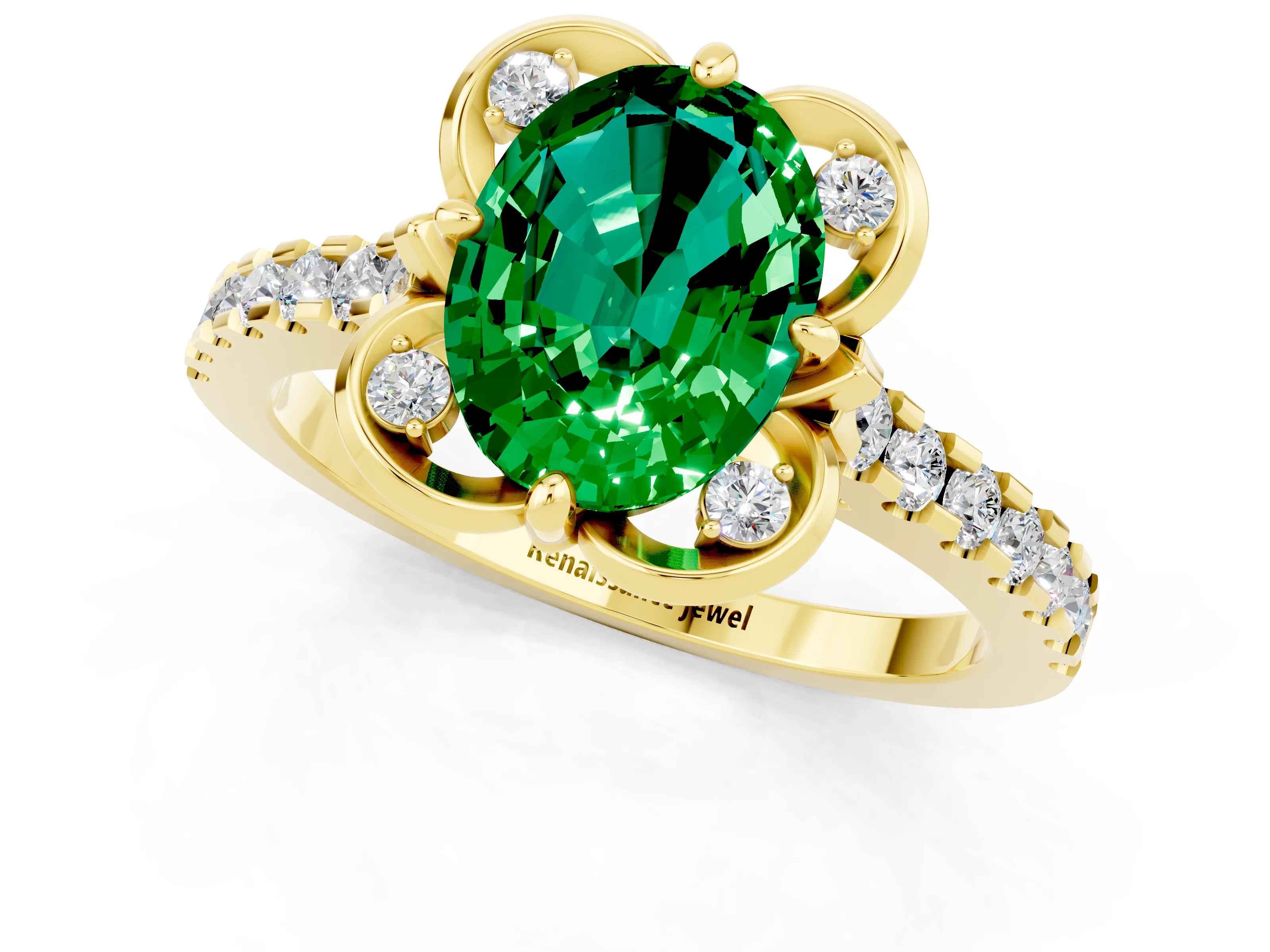 Yellow gold Oval Cut Emerald Ring with Pavé Band and Floral Prong Setting_1