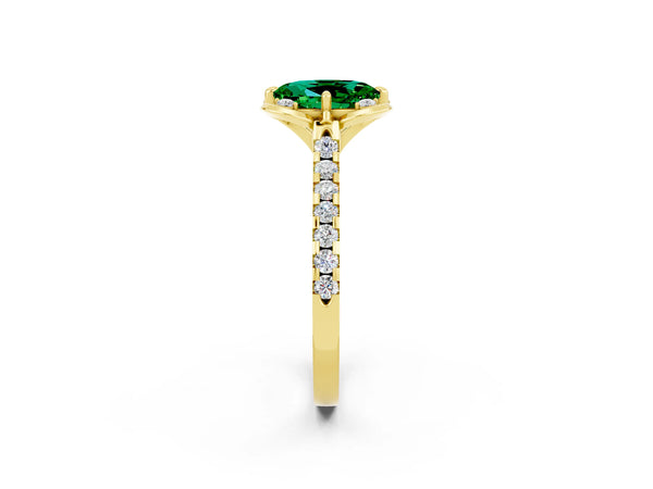 Yellow gold Oval Cut Emerald Ring with Pavé Band and Floral Prong Setting