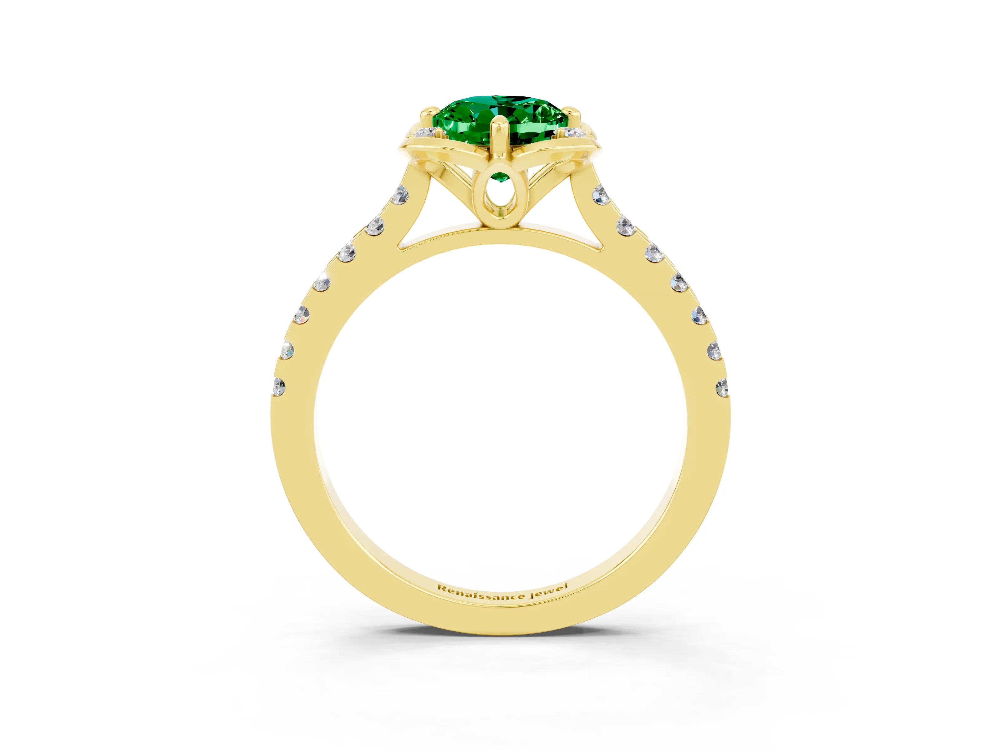 Yellow gold Oval Cut Emerald Ring with Pavé Band and Floral Prong Setting_3