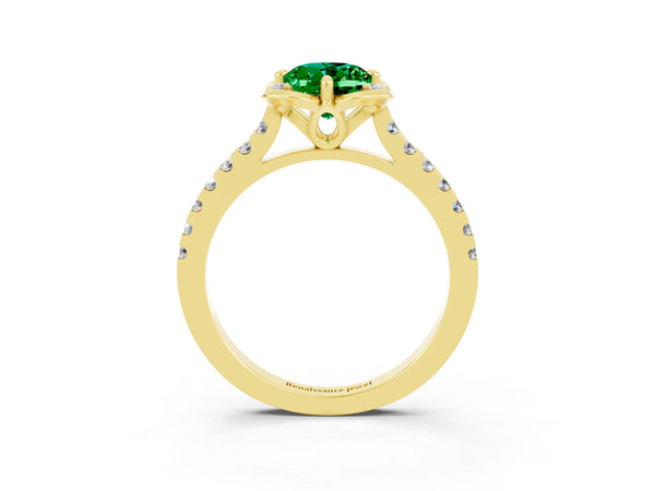 Yellow gold Oval Cut Emerald Ring with Pavé Band and Floral Prong Setting