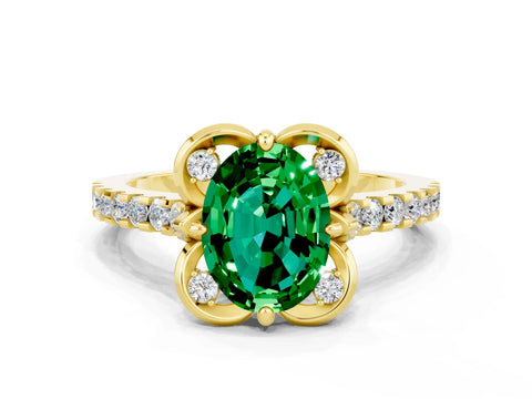 Yellow gold Oval Cut Emerald Ring with Pavé Band and Floral Prong Setting
