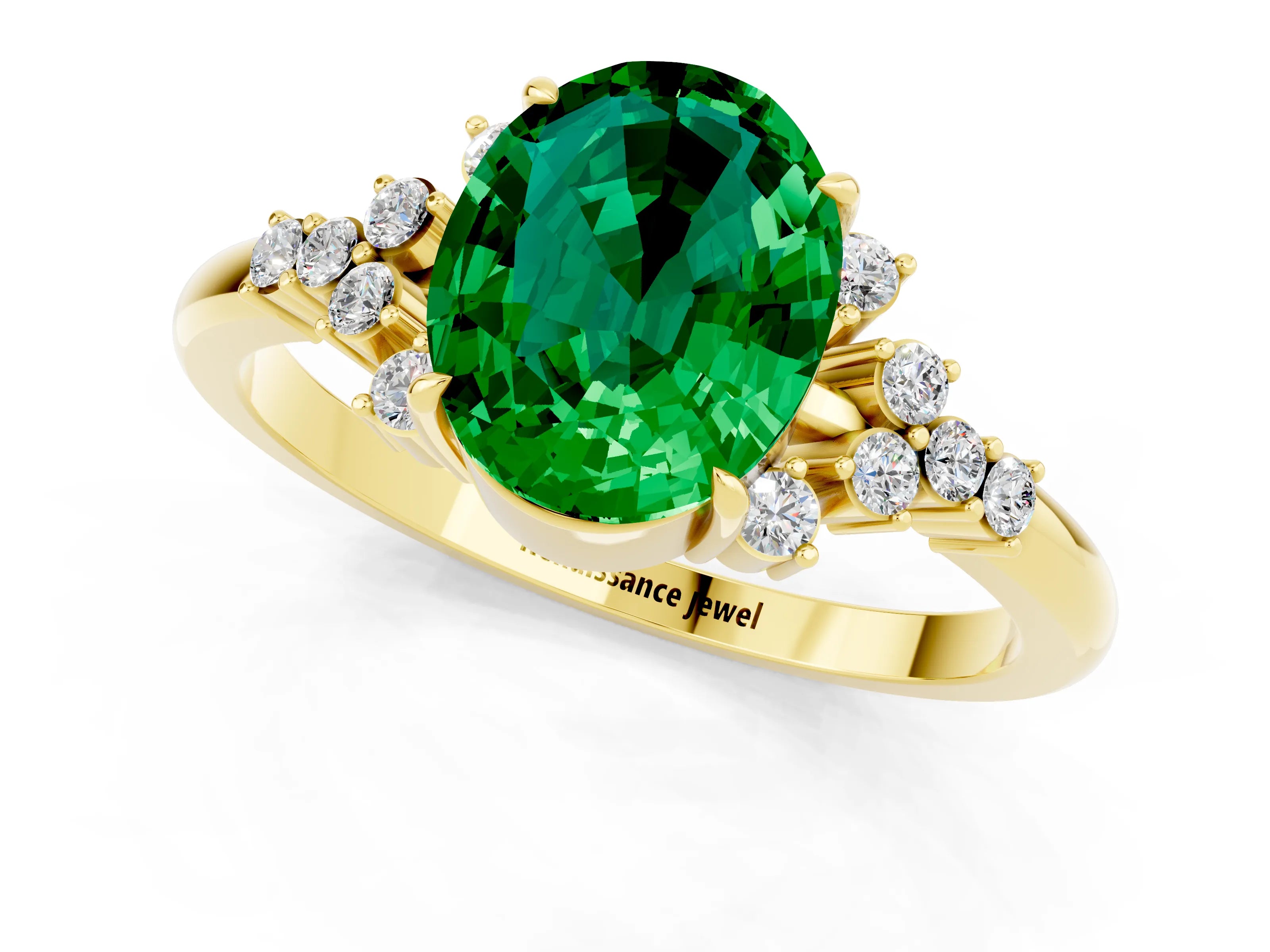 Yellow gold Oval Cut Emerald Ring with Side Stones and Four-Prong Setting_73