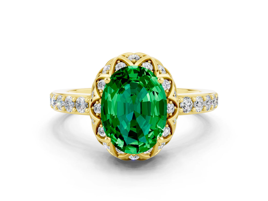 Yellow gold Oval Cut Emerald Scalloped Halo Engagement Ring with Round Shared Prong Band_12