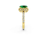 Yellow gold Oval Cut Emerald Scalloped Halo Engagement Ring with Round Shared Prong Band_14