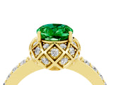 Yellow gold Oval Cut Emerald Scalloped Halo Engagement Ring with Round Shared Prong Band_16
