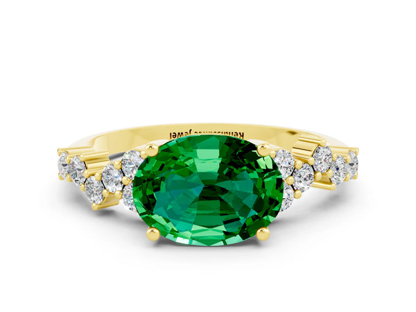 Yellow gold Oval Cut Emerald Scattered Round Accent Ring with Prong Setting