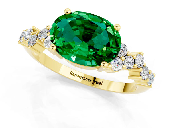 Yellow gold Oval Cut Emerald Scattered Round Accent Ring with Prong Setting