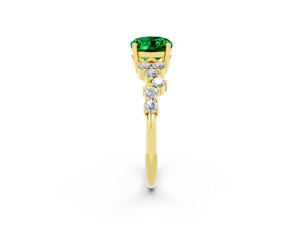 Yellow gold Oval Cut Emerald Scattered Round Accent Ring with Prong Setting