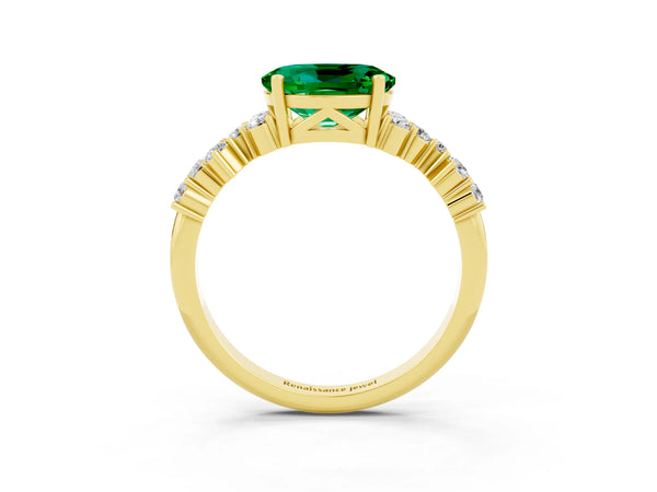 Yellow gold Oval Cut Emerald Scattered Round Accent Ring with Prong Setting