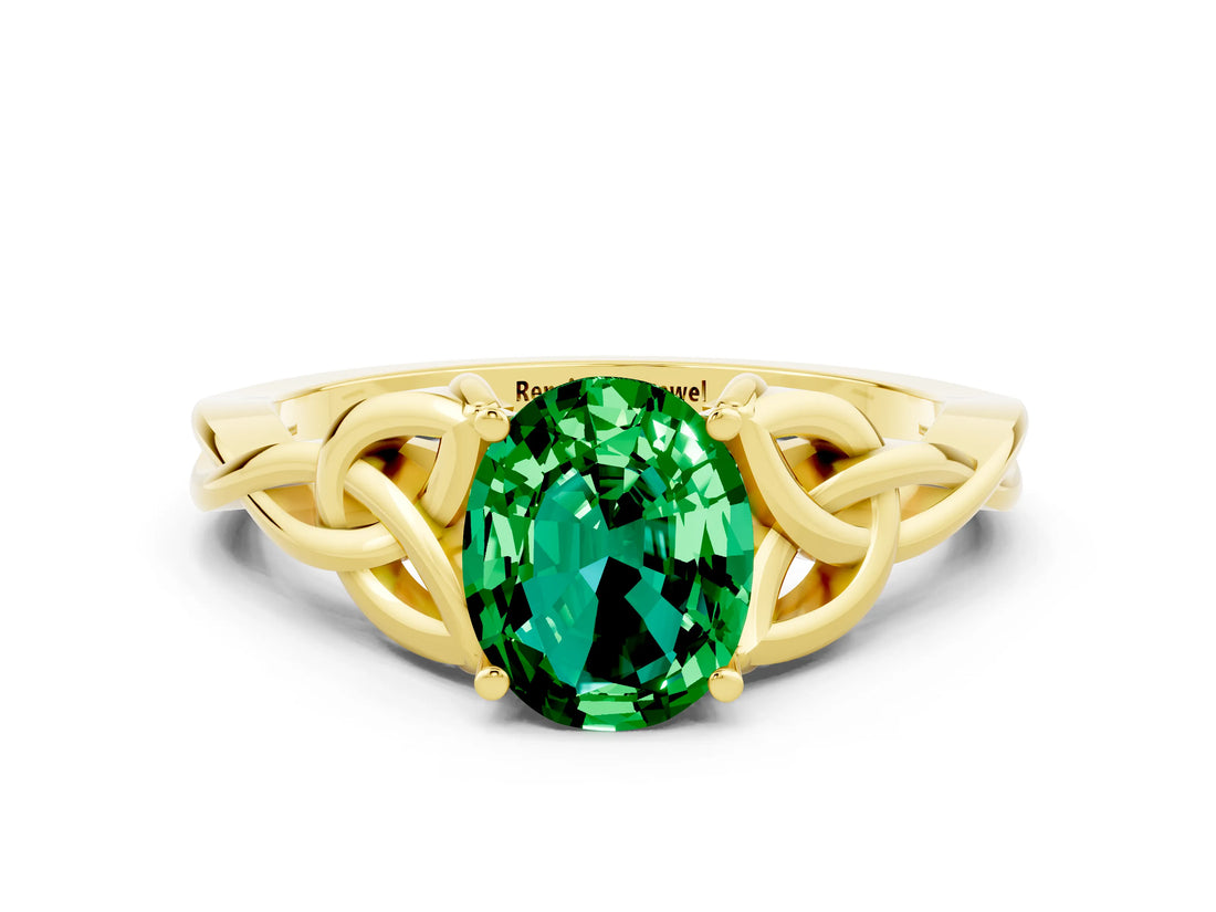 Yellow gold Oval Cut Emerald Solitaire Celtic Knot Ring with Four-Prong Setting_12