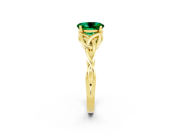 Yellow gold Oval Cut Emerald Solitaire Celtic Knot Ring with Four-Prong Setting