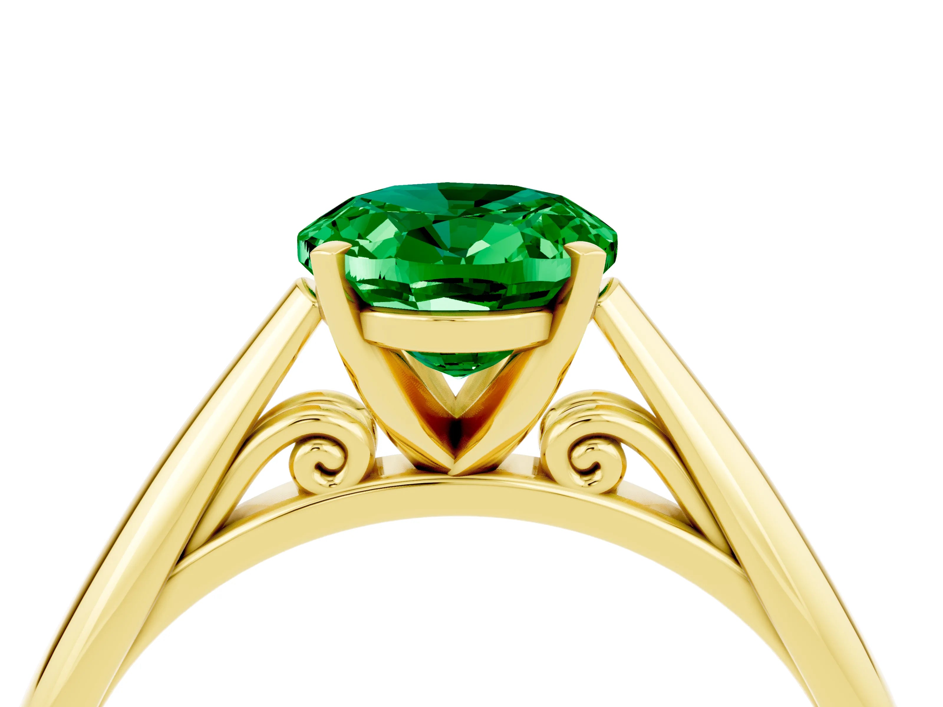 Yellow gold Oval Cut Emerald Solitaire Engagement Ring with Cathedral Setting and Four-Prong Mount_16