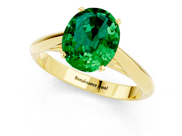 Yellow gold Oval Cut Emerald Solitaire Engagement Ring with Cathedral Setting and Four-Prong Mount