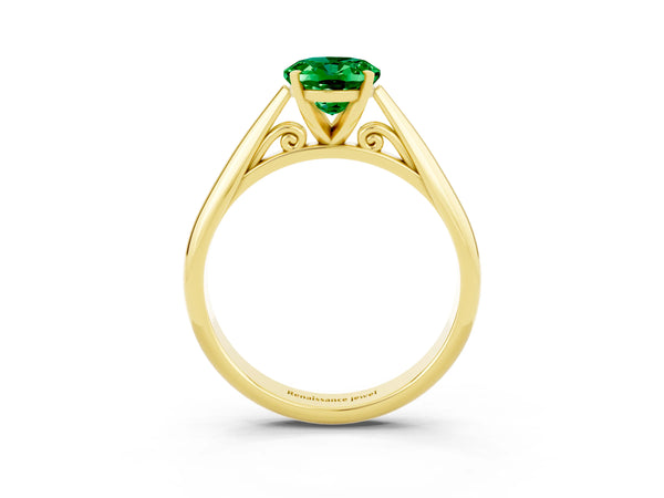 Yellow gold Oval Cut Emerald Solitaire Engagement Ring with Cathedral Setting and Four-Prong Mount