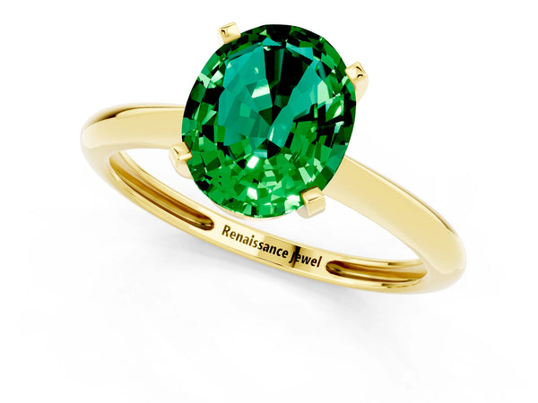 Yellow gold Oval Cut Emerald Solitaire Engagement Ring with Classic Band and Four-Prong Setting