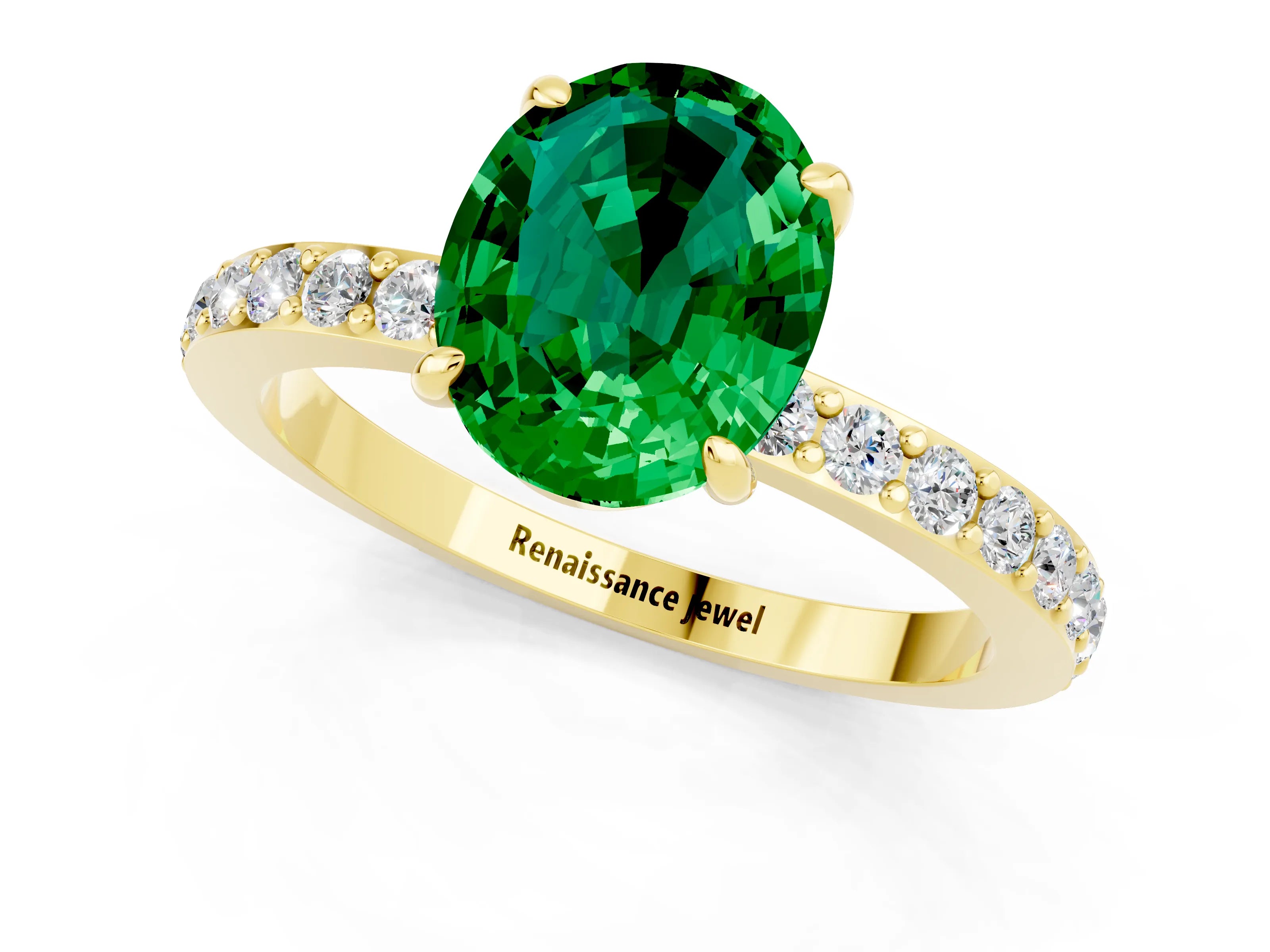 Yellow gold Oval Cut Emerald Solitaire Engagement Ring with Pavé Band and Four-Prong Setting_1