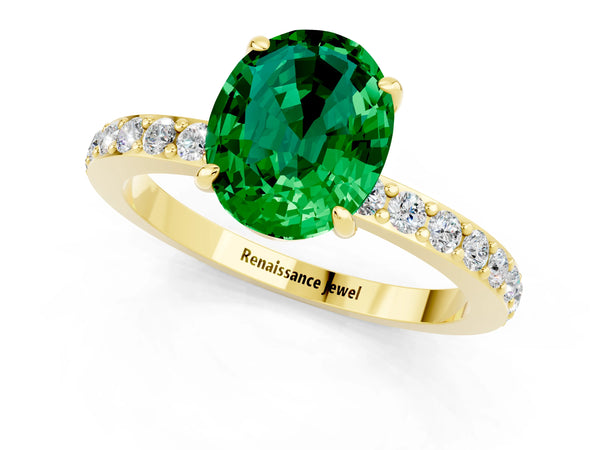 Yellow gold Oval Cut Emerald Solitaire Engagement Ring with Pavé Band and Four-Prong Setting