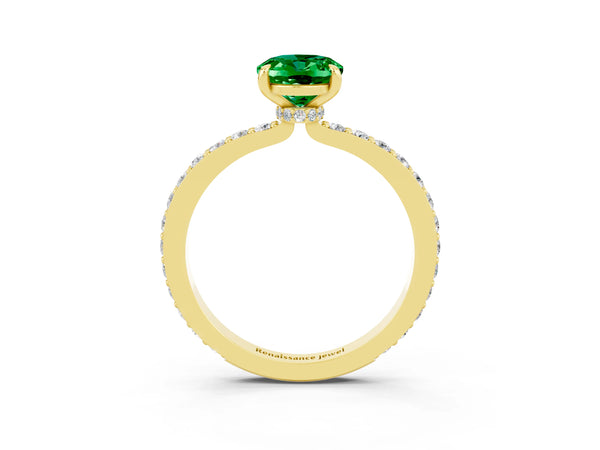 Yellow gold Oval Cut Emerald Solitaire Engagement Ring with Pavé Band and Four-Prong Setting
