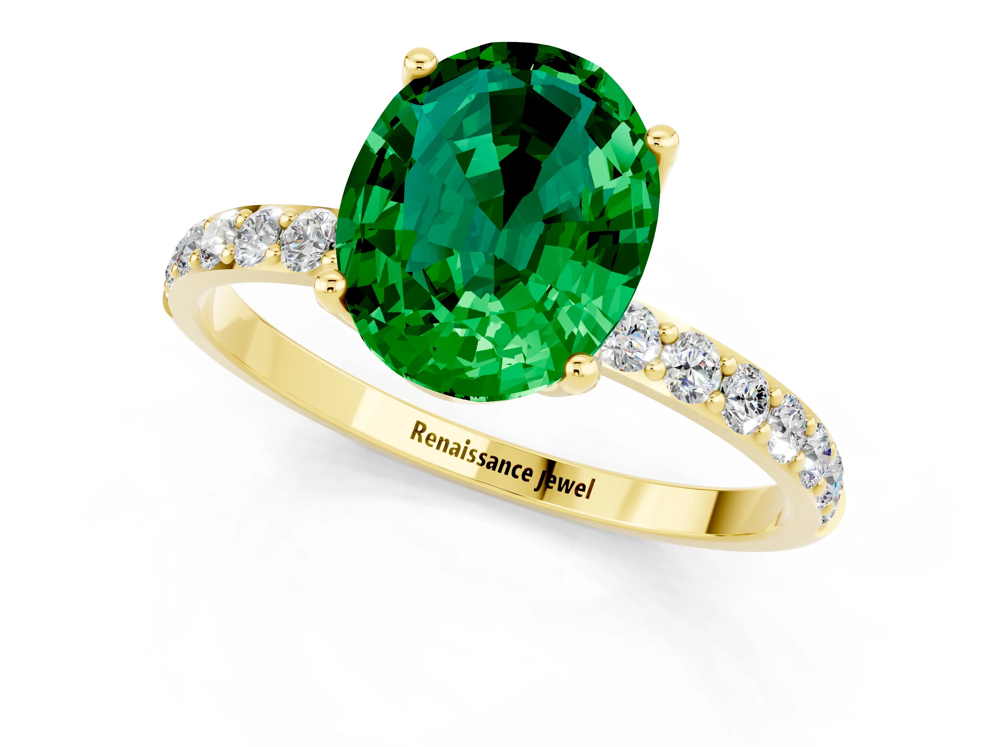 Yellow gold Oval Cut Emerald Solitaire Engagement Ring with Pavé Band and Prong Setting_1