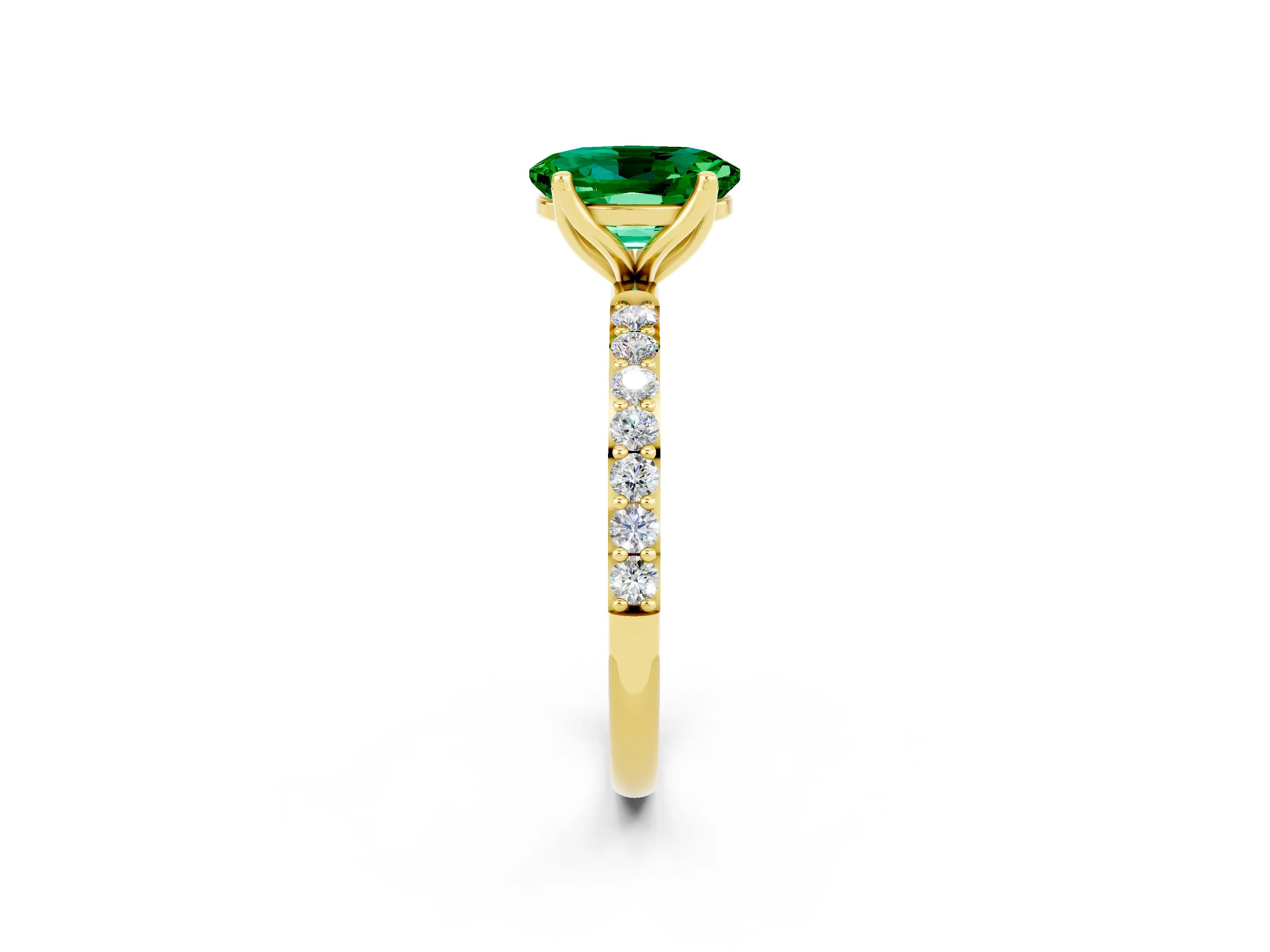 Yellow gold Oval Cut Emerald Solitaire Engagement Ring with Pavé Band and Prong Setting_2