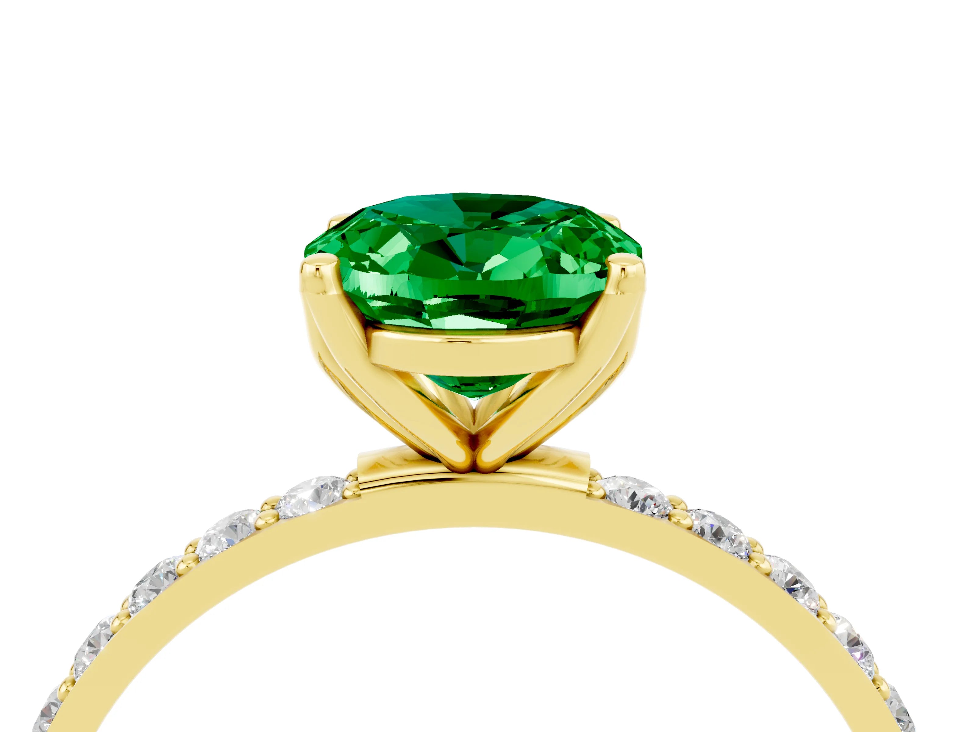 Yellow gold Oval Cut Emerald Solitaire Engagement Ring with Pavé Band and Prong Setting_4