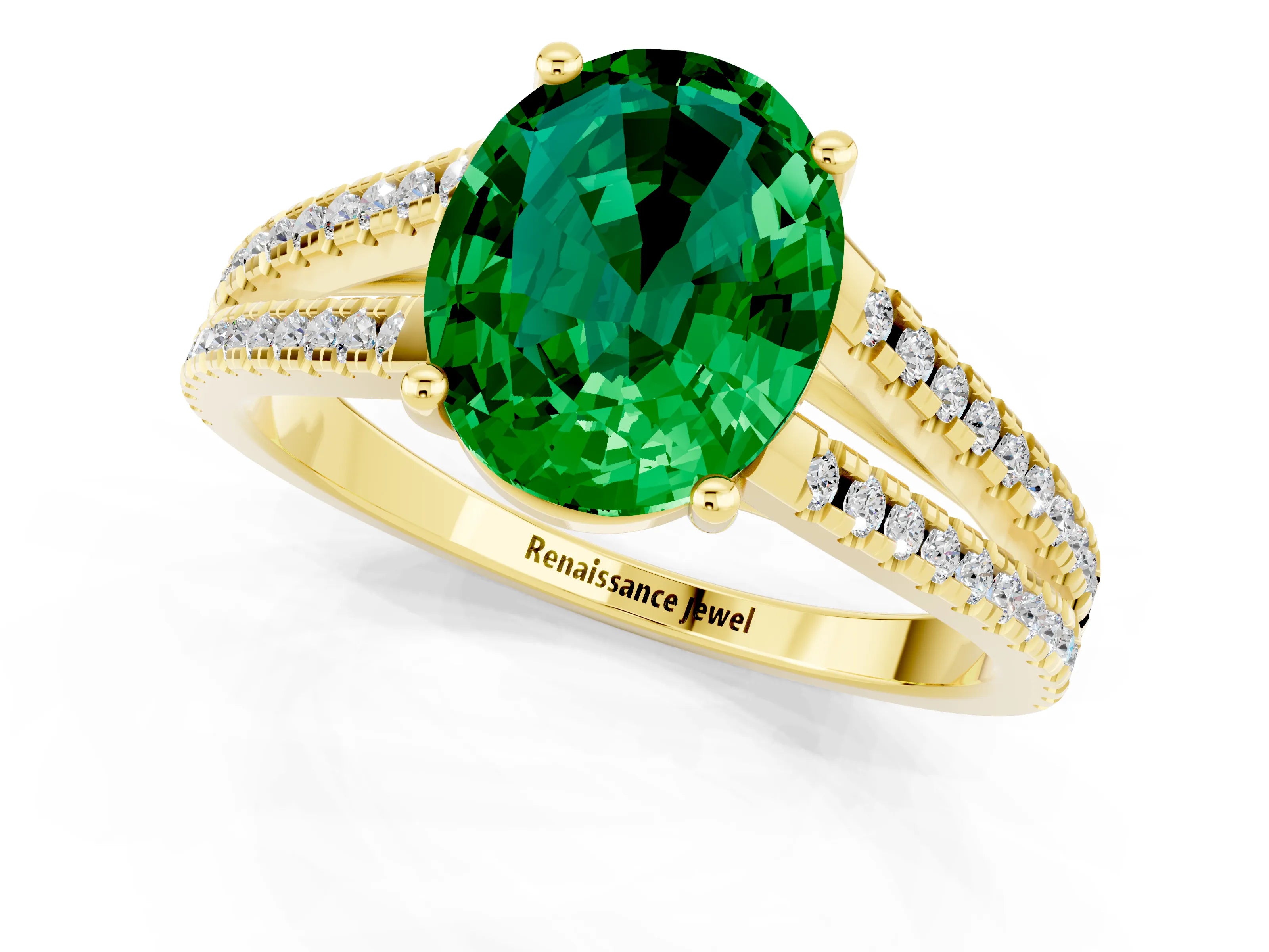 Yellow gold Oval Cut Emerald Solitaire Engagement Ring with Split Shank Pavé Band_1