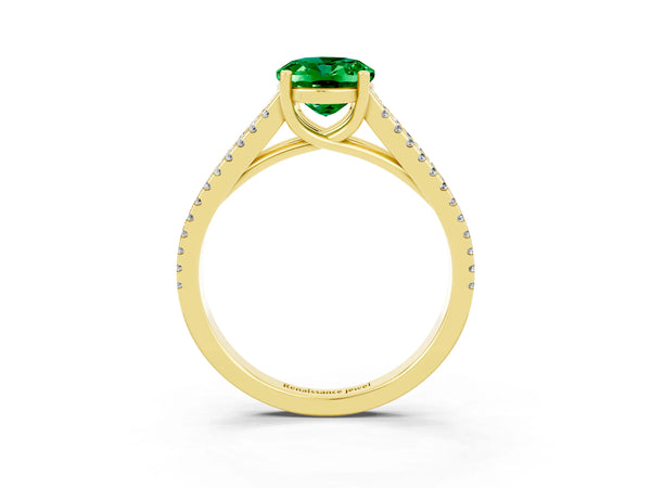 Yellow gold Oval Cut Emerald Solitaire Engagement Ring with Split Shank Pavé Band
