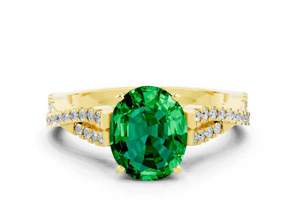 Yellow gold Oval Cut Emerald Solitaire Engagement Ring with Twisted Pavé Band and Four-Prong Setting