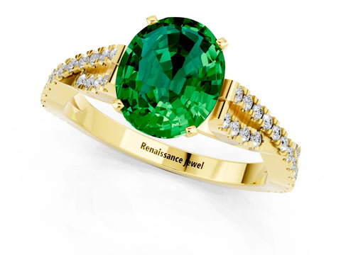 Yellow gold Oval Cut Emerald Solitaire Engagement Ring with Twisted Pavé Band and Four-Prong Setting_1