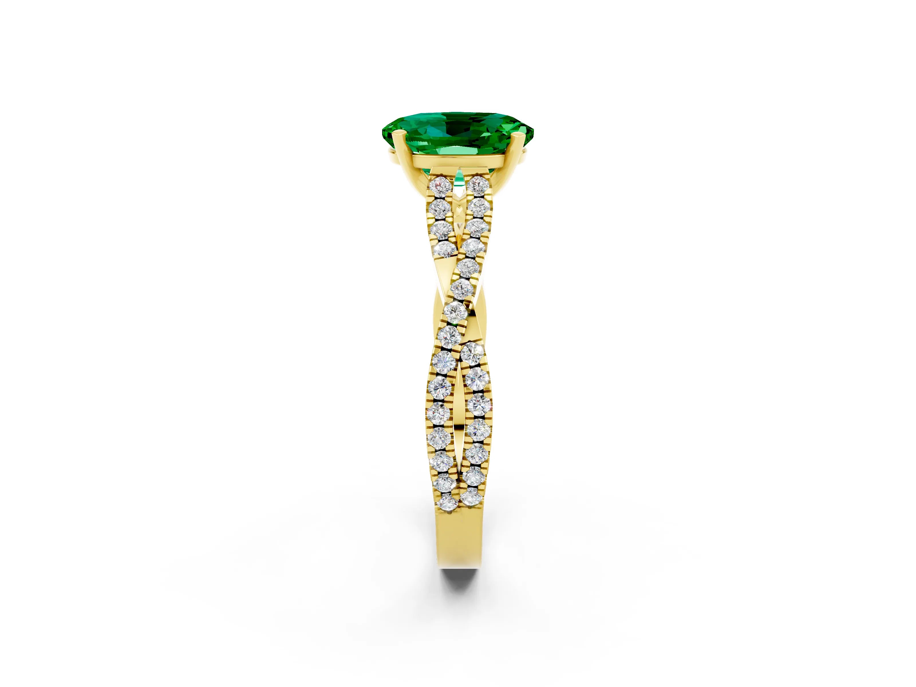 Yellow gold Oval Cut Emerald Solitaire Engagement Ring with Twisted Pavé Band and Four-Prong Setting_2