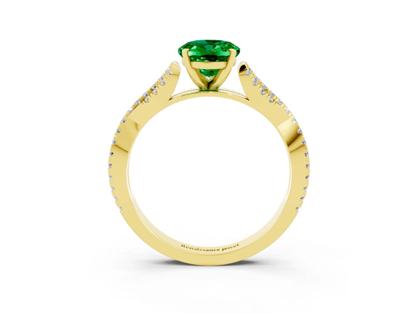 Yellow gold Oval Cut Emerald Solitaire Engagement Ring with Twisted Pavé Band and Four-Prong Setting