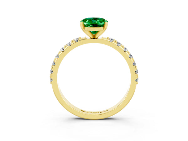 Yellow gold Oval Cut Emerald Solitaire Pavé Band with Four-Prong Setting