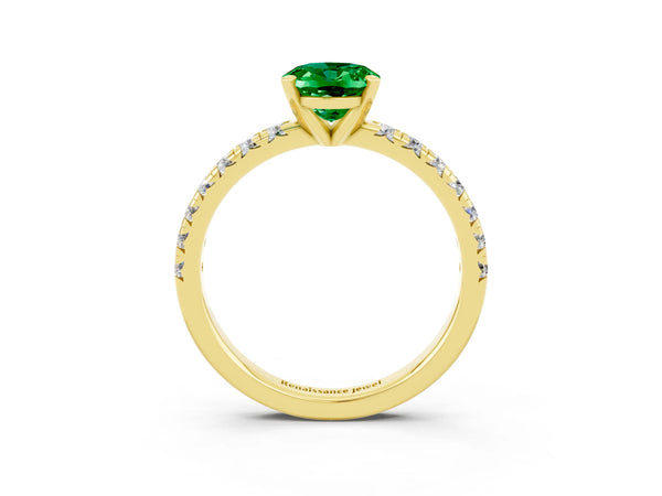 Yellow gold Oval Cut Emerald Solitaire Pavé Engagement Ring with Round Band and Prong Setting