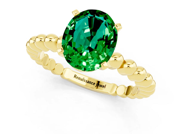 Yellow gold Oval Cut Emerald Solitaire Ring with Beaded Band and Prong Setting