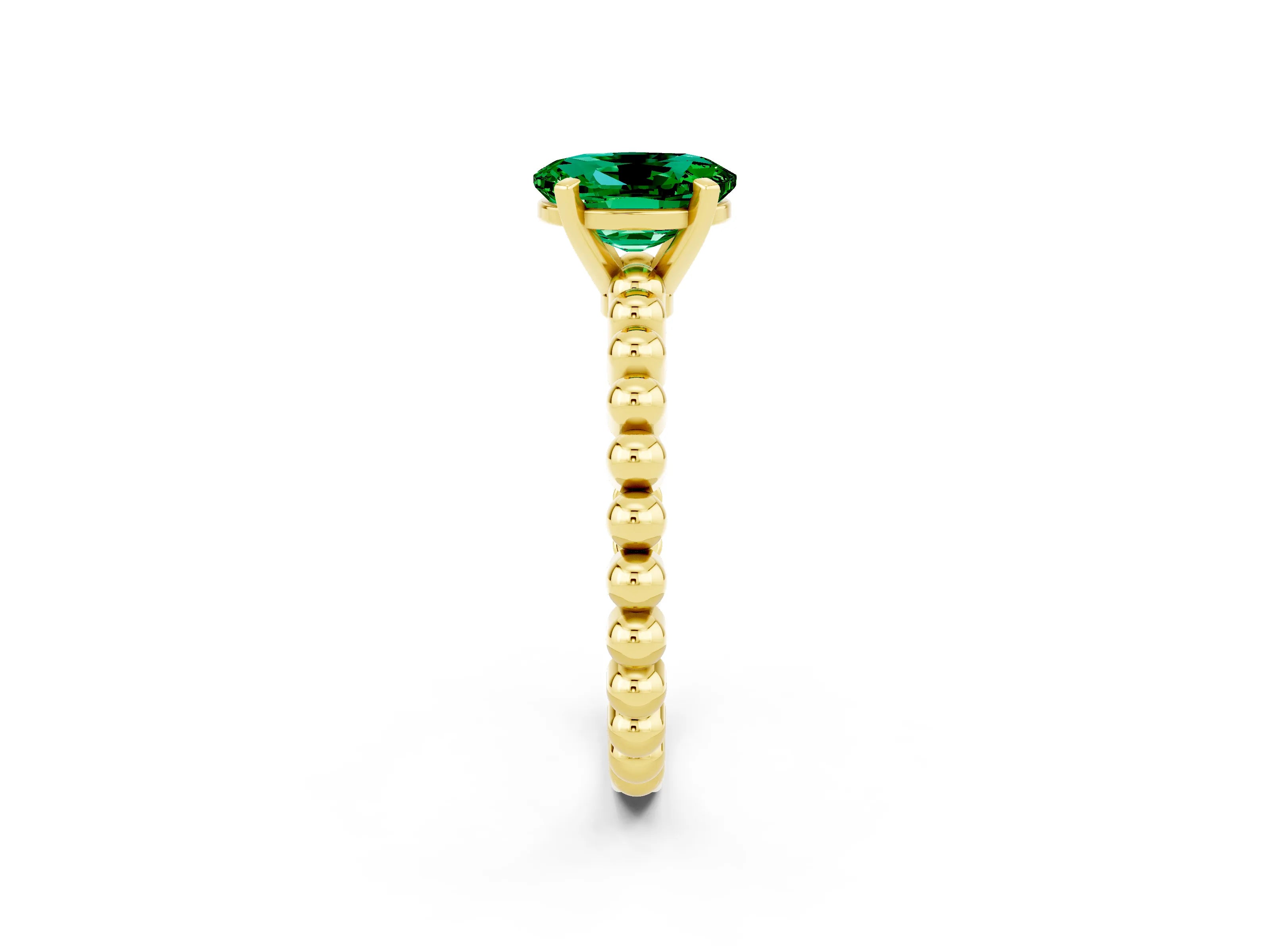 Yellow gold Oval Cut Emerald Solitaire Ring with Beaded Band and Prong Setting_2