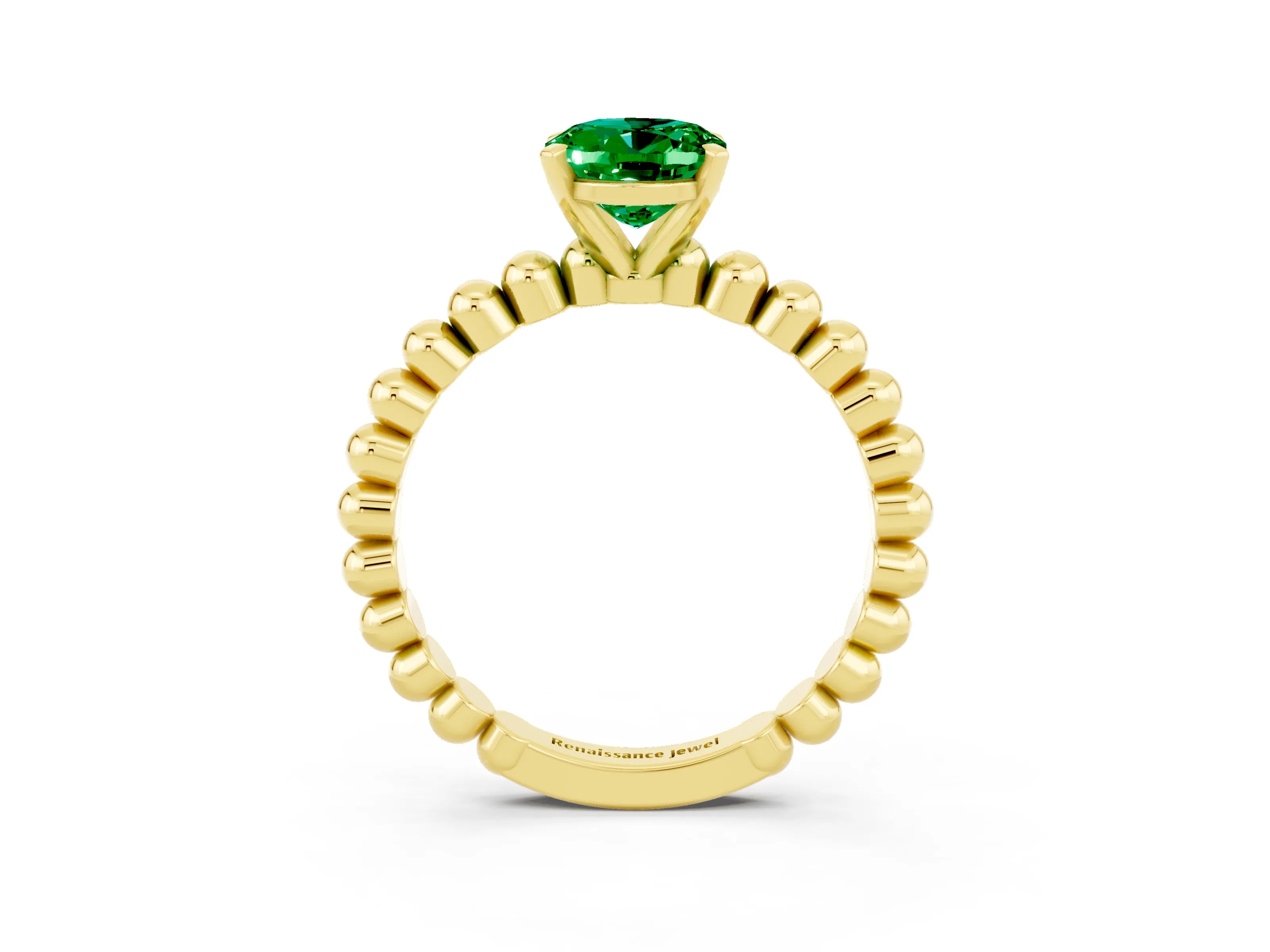 Yellow gold Oval Cut Emerald Solitaire Ring with Beaded Band and Prong Setting_3