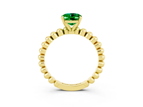 Yellow gold Oval Cut Emerald Solitaire Ring with Beaded Band and Prong Setting