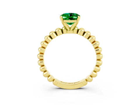 Yellow gold Oval Cut Emerald Solitaire Ring with Beaded Band and Prong Setting_3