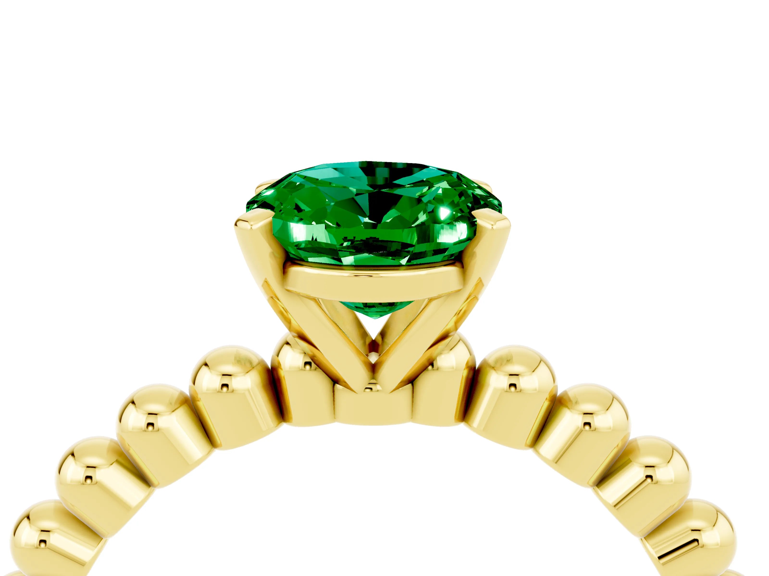 Yellow gold Oval Cut Emerald Solitaire Ring with Beaded Band and Prong Setting_4